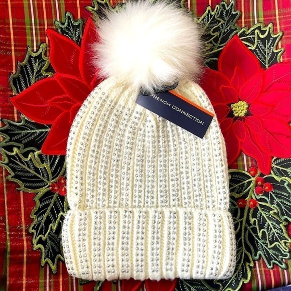 Brand New French Connection Pom Beanie Cable Knit Hat Light Cream Silver Studded main image 8